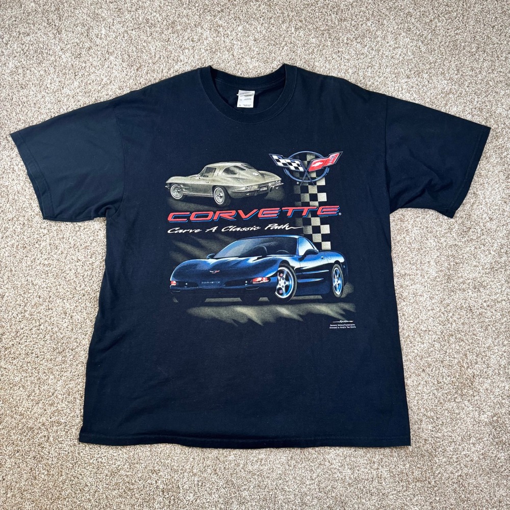 Mens Vintage Corvette Size XL Flint Gildan Black Cotton Short Sleeve T Shirt
